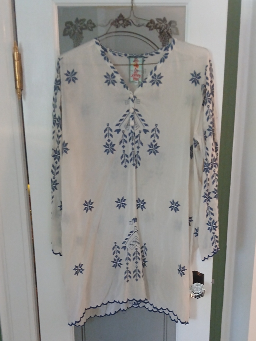 Johnny Was Ivory Tunic with Blue Embroidery